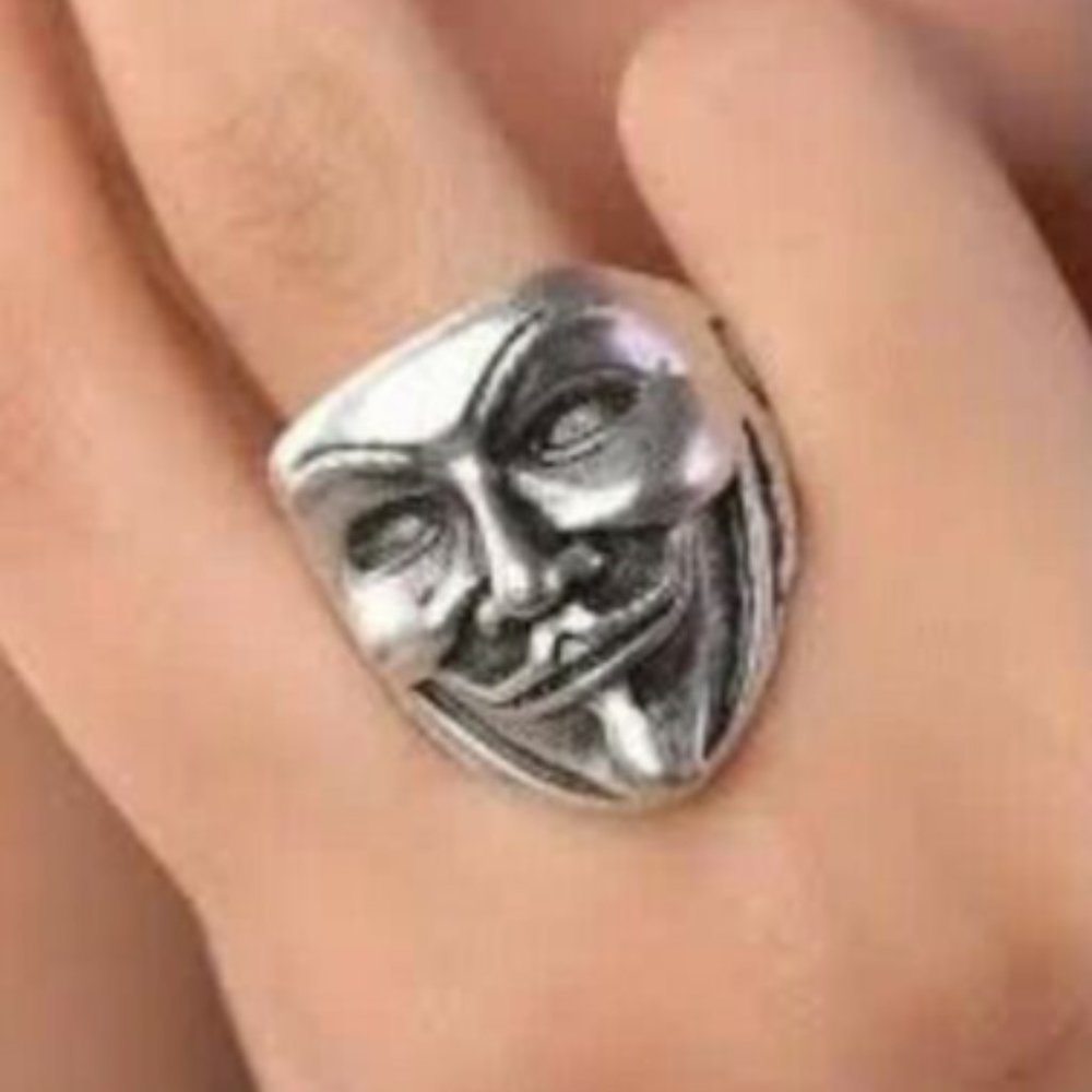 Guy Fawkes Ring Silver Black Anonymous Vendetta V Mens Stainless Steel Size 12